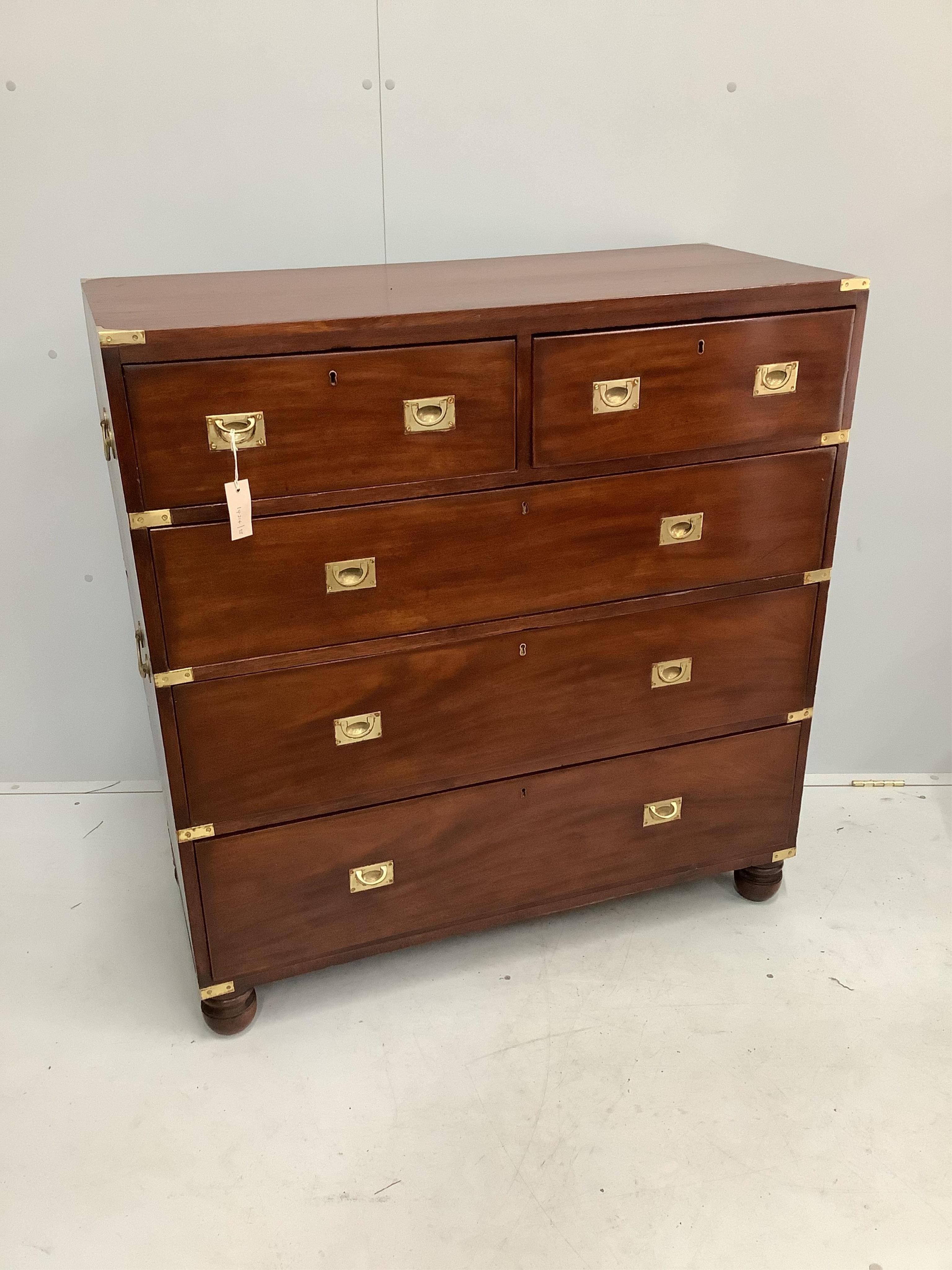 A brass mounted military style mahogany chest, width 104cm, depth 44cm, height 108cm